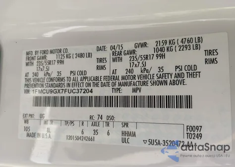 2015 Ford Escape Se z USA, uszkodzony, nr VIN 1FMCU9GX7FUC37204